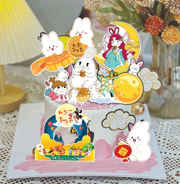 Combo 2 set giấy trung thu -thỏ mẫu 3 (thỏ bánh và hằng nga).