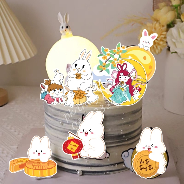 Combo 2 set giấy trung thu -thỏ mẫu 3 (thỏ bánh và hằng nga).