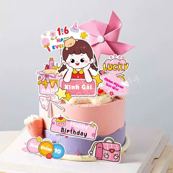 Combo 2 set giấy - bé GÁI 2 tay chạm má + bảng xinh gái+bánh sinh nhật 2 tầng.