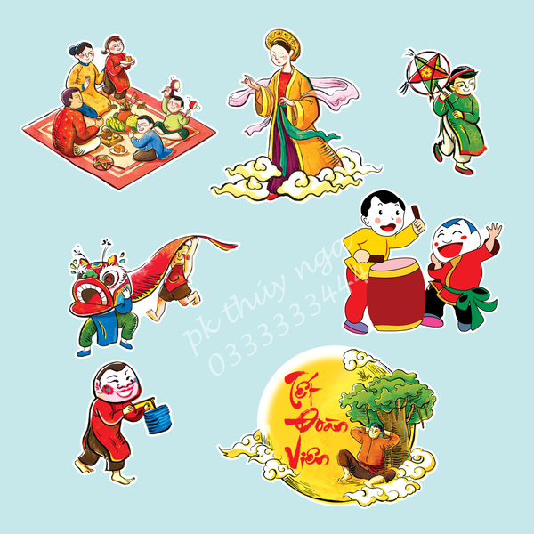 Combo 2 set giấy trung thu - tết đoàn viên (chú cuội ngồi cây đa, hằng nga, gia đình xum họp).