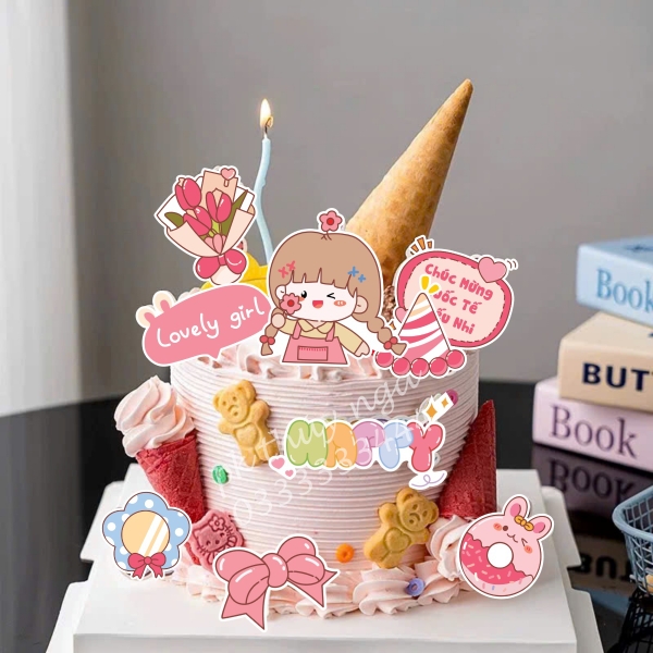 Combo 2 set giấy - Bé gái áo hồng tết tóc 2 bên, nơ và bó hoa.
