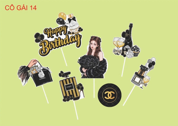 10 set giấy cô gái ôm hoa màu đen và chữ hpbd chùm bóng.