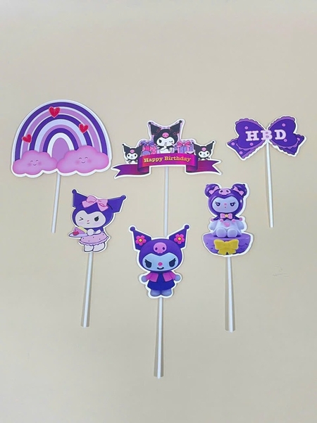 10 set giấy kuromi tím cầu vồng (chữ hpbd có hình kuromi đen và hộp quà) DL.