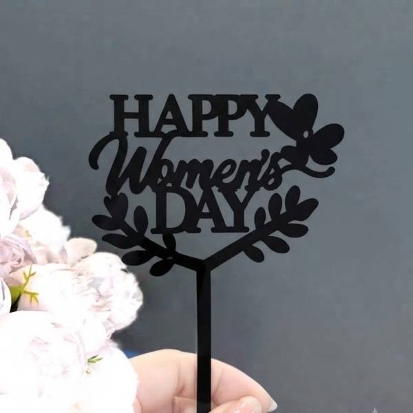 Set 10 mica women's day chữ in gắn lá 2 bên-MÀU ĐEN.