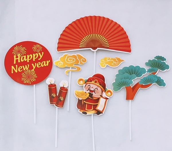 CAM-Set cắm tết Thần tài, quạt và cây.