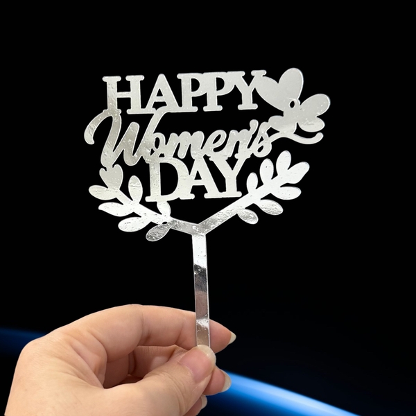 Set 10 mica women's day chữ in gắn lá 2 bên-MÀU BẠC.