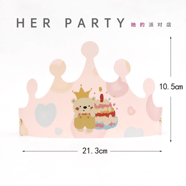 Set 10 mũ sinh nhật hình vương miện-HỒNG (gấu ôm bánh sinh nhật).