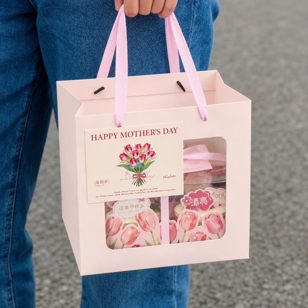 Set 10 túi giấy cửa sổ kt 20x20x20cm-MÀU HỒNG CAM.