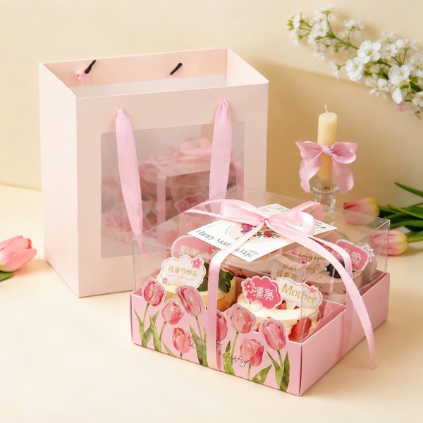 Set 10 túi giấy cửa sổ kt 20x20x20cm-MÀU HỒNG CAM.