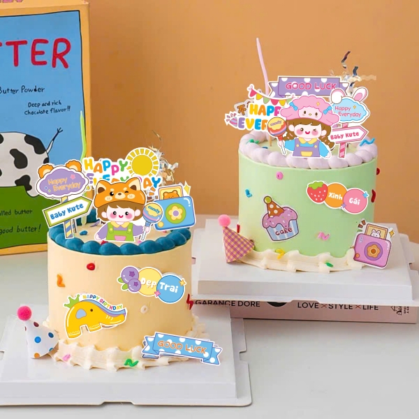 Combo 2 set giấy - bé gái cầm kẹo mút sắc màu + bánh cupcake.