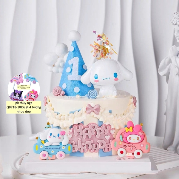 Set 4 tượng nhựa dẻo - mèo kuromi, melody, kitty và chó Cinnamoroll (ngồi xe).
