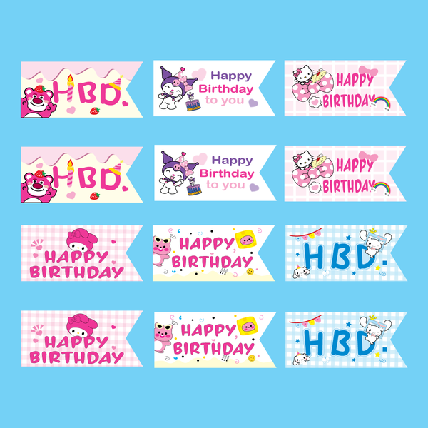 Combo 60 thẻ giấy HPBD hoạt hình (mix kuromi, kitty, cinnamon, gấu dâu).