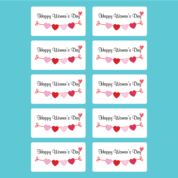 Set 60 thẻ giấy  trắng Happy women's day và dây trái tim (HÌNH CHỮ NHẬT).