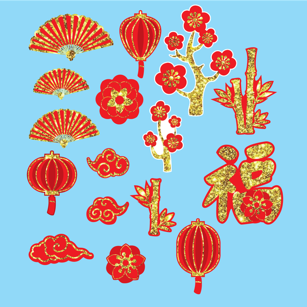 Combo 2 set giấy TẾT ép nhũ - mây + quạt+cành đào+cành trúc+đèn lồng.