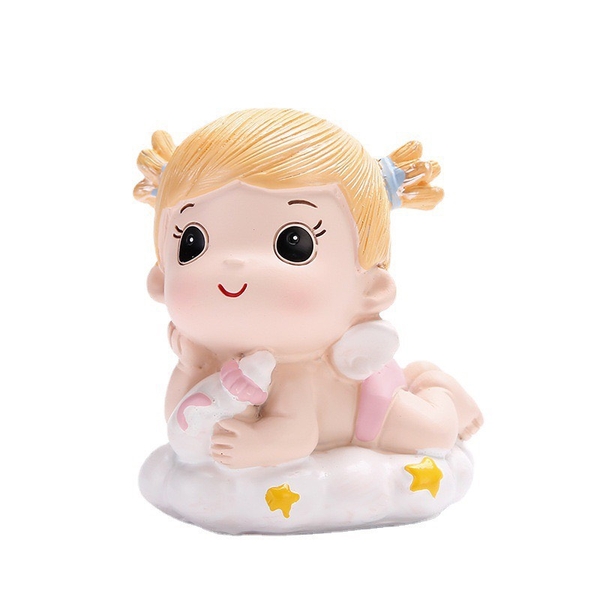 Tượng em bé nằm ôm bình sữa -BÉ GÁI (sứ).