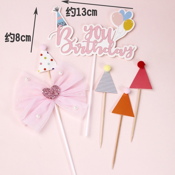 Set 3 chi tiết (nơ-hpbd chữ MẢNH-3 cây cắm hình mũ)-HỒNG.