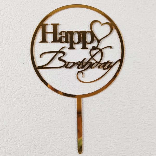 Set 10 mica HPBD tròn (chữ Happy gắn trái tim)-VÀNG.