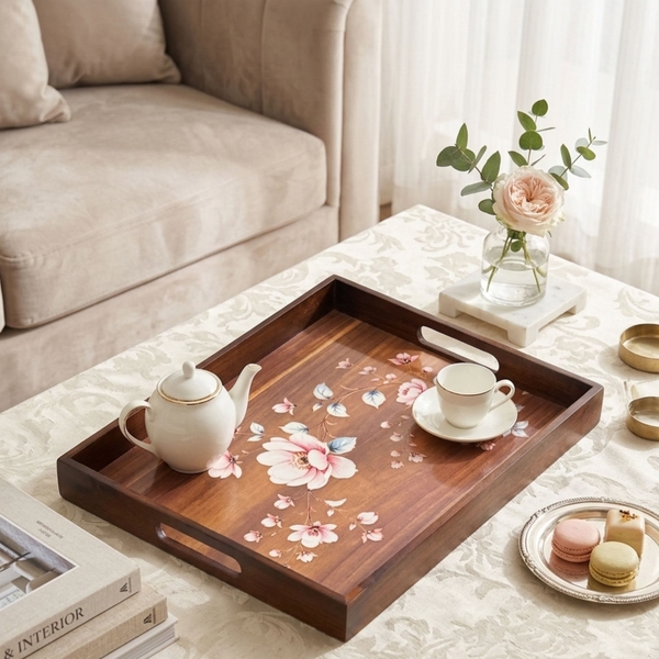 Khay gỗ chữ nhật họa tiết hoa mẫu đơn