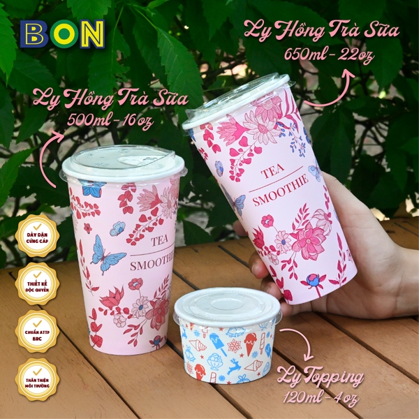 Lốc 50 Ly Giấy In Hồng Trà Sữa 500ml / 650ml (22 oz) - Đựng Trà Sữa kèm Ly Topping 120ml có nắp, Ly Dày Đẹp, 260 Gram SM