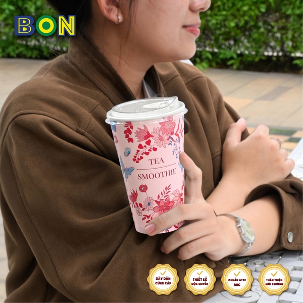 Lốc 50 Ly Giấy In Hồng Trà Sữa 500ml / 650ml (22 oz) - Đựng Trà Sữa kèm Ly Topping 120ml có nắp, Ly Dày Đẹp, 260 Gram SM