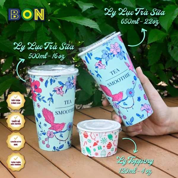 Lốc 50 Ly Giấy In Lục Trà Sữa 500ml / 650ml (22 oz) - Đựng Trà Sữa kèm Ly Topping 120ml có nắp, Ly Dày Đẹp, 260 Gram SM