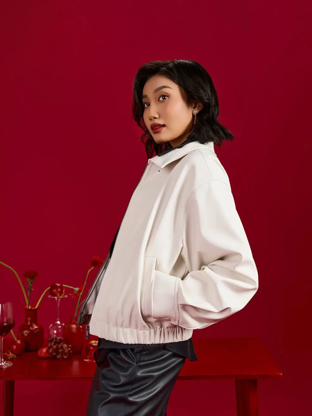 Khoác Ngắn Nữ Bomber Da Chun Gấu