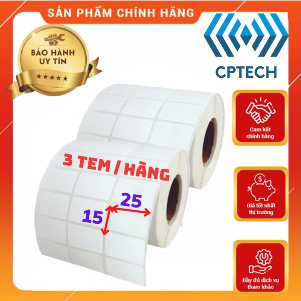 Giấy In Mã Vạch 3 Tem ( 25x15)  (Cuộn 6000 Tem) - Decal Nhiệt 3 Tem 25x15 mm , Cuộn 30m