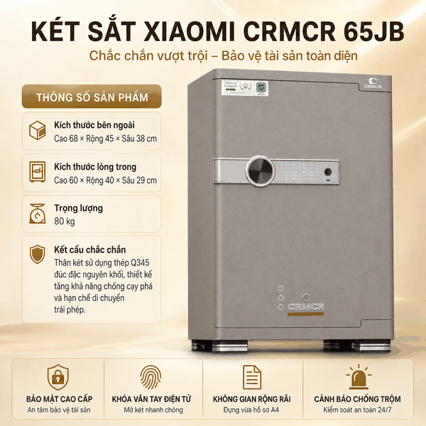 Két Sắt Xiaomi CRMCR 65JB Thép đặc nguyên khối –  Khóa vân tay điện tử định danh người dùng cảnh trộm báo điện thoại