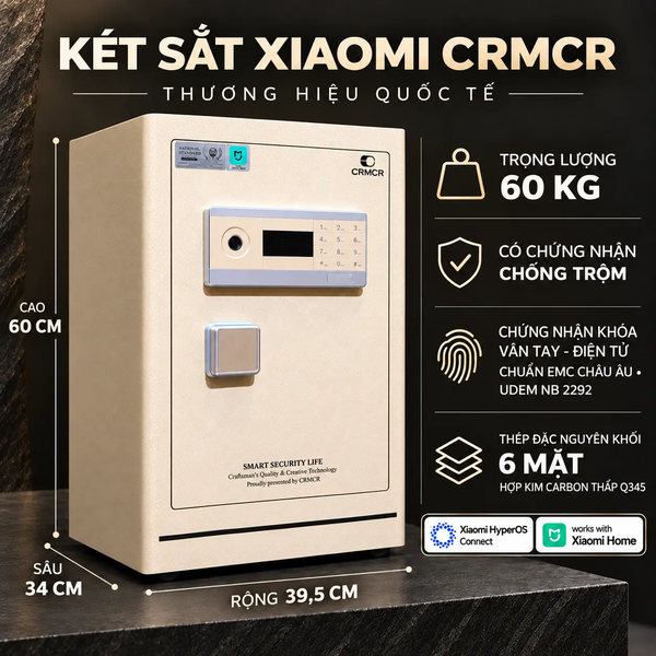 Két sắt Xiaomi CRMCR 60LE Thép đặc nguyên khối - Khóa vân tay điện tử định danh người dùng cảnh trộm báo điện thoại