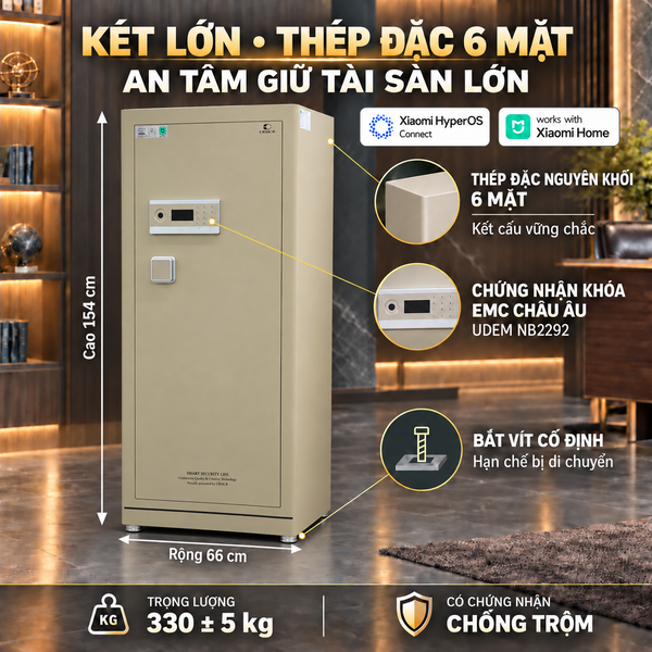 Két Sắt Xiaomi CRMCR 150LE Cỡ Lớn 330kg Báo Động Điện Thoại, Vân Tay Định Danh, Bảo Hành 6 Năm