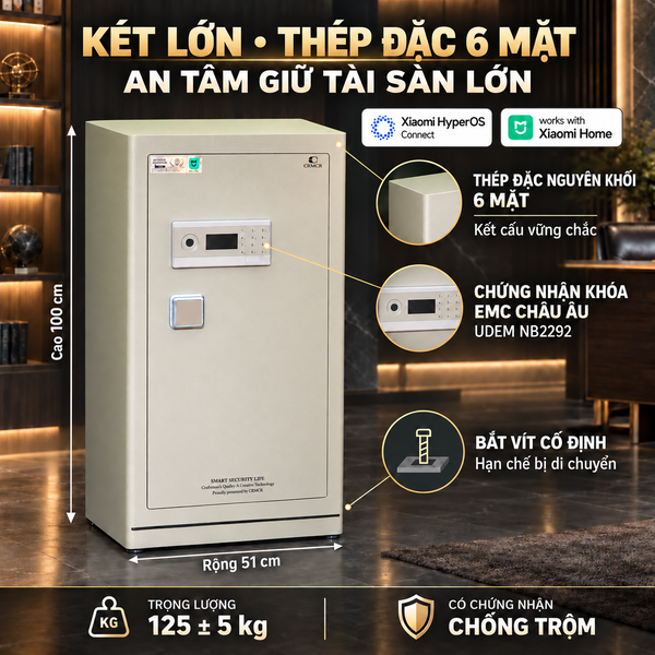 Két Sắt Xiaomi CRMCR 100LE Khóa Vân Tay Điện Tử Định Danh Người Mở, Thép Q345 Đúc Đặc 6 Mặt, 8 Chế Độ Cảnh Báo Điện Thoại