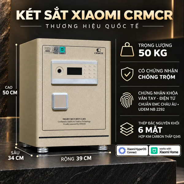 Két Sắt Thông Minh Xiaomi CRMCR 50LE – Vân Tay Điện Tử Định Danh Người Mở, Thép Q345 Đúc Đặc 6 Mặt, Bảo Hành 6 Năm
