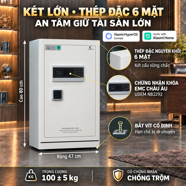 Két sắt Xiaomi CRMCR 80LE Thép đặc nguyên khối - Khóa vân tay điện tử định danh người dùng cảnh trộm báo điện thoại