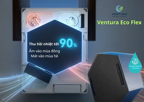 Ventura eco flex thu hồi nhiệt tới 90% – ấm đông, mát hè; linh kiện tháo rửa dễ vệ sinh.