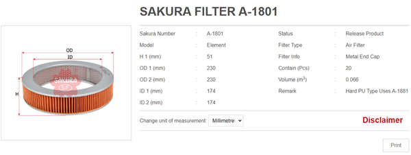 LỌC GIÓ XE NÂNG A1801 SAKURA 51*174*230