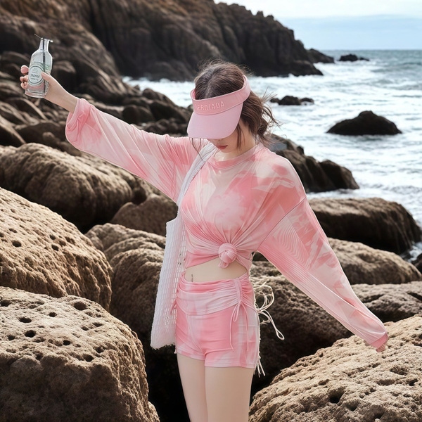 Bikini 3 mảnh kèm áo choàng họa tiết loang hồng Tuvada - BLH157