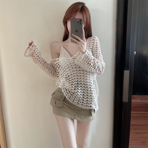 Áo choàng bikini đi biển dạng lưới màu kem Tuvada - AKL166