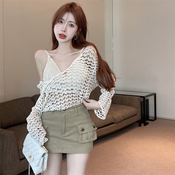 Áo choàng bikini đi biển dạng lưới màu kem Tuvada - AKL166