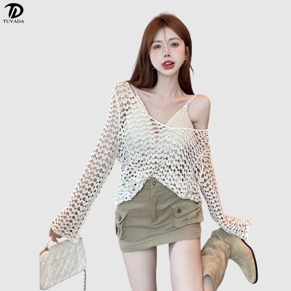 Áo choàng bikini đi biển dạng lưới màu kem Tuvada - AKL166