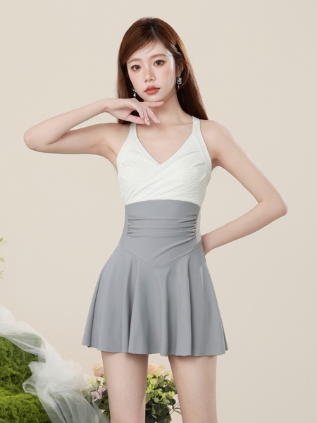 Bikini 1 mảnh che khuyết điểm tốt phối màu trắng ghi Tuvada - BCL11