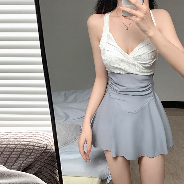 Bikini 1 mảnh che khuyết điểm tốt phối màu trắng ghi Tuvada - BCL11