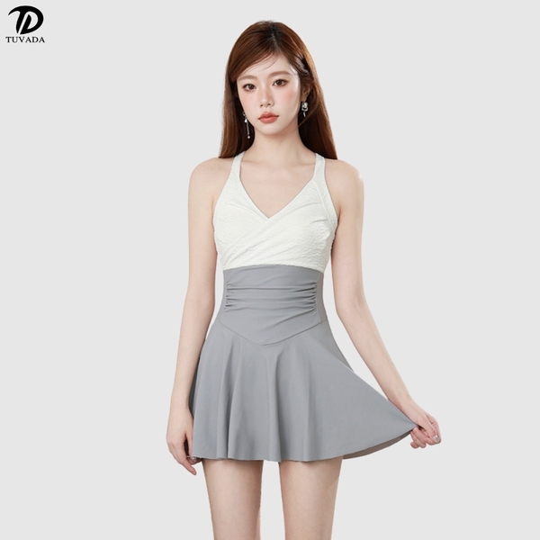 Bikini 1 mảnh che khuyết điểm tốt phối màu trắng ghi Tuvada - BCL11