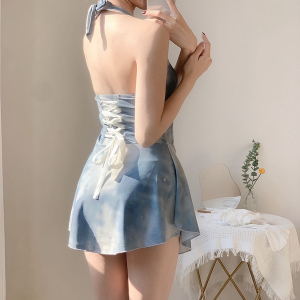 Bikini 1 mảnh đi biển họa tiết loang xanh có đệm mút Tuvada - BLX119