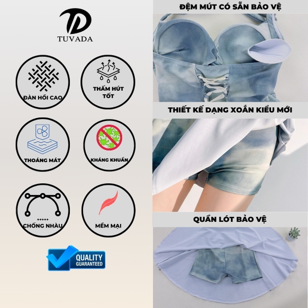 Bikini 1 mảnh đi biển họa tiết loang xanh có đệm mút Tuvada - BLX119