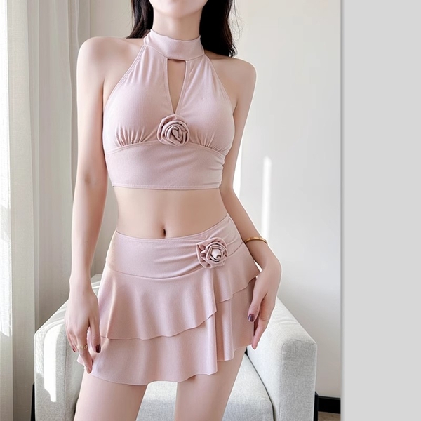 Đồ bơi nữ 2 mảnh basic phối hoa cổ choker Tuvada - BBH150