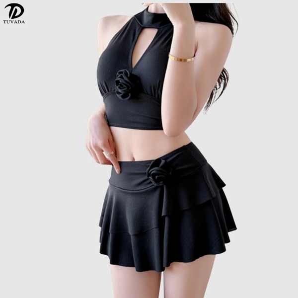 Đồ bơi nữ 2 mảnh basic phối hoa cổ choker Tuvada - BBH150