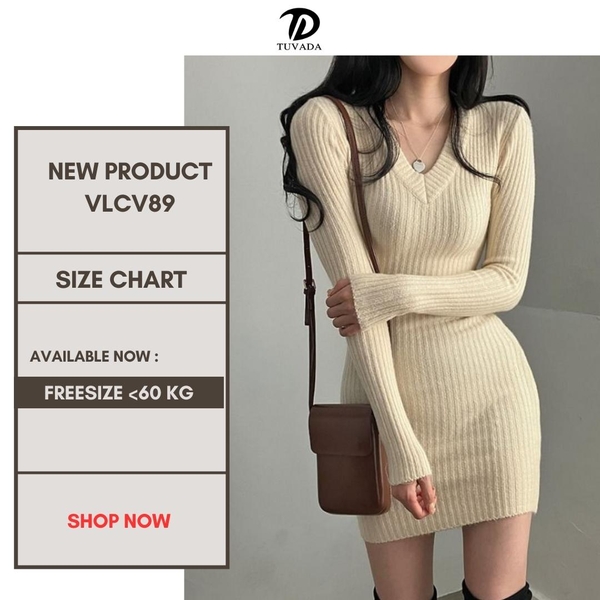 Váy body dáng ngắn dài tay cổ V Tuvada - VLCV89