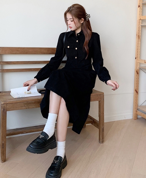 Váy dài tay dáng dài mua đông cổ polo nhung tăm bigsize Tuvada - VND140