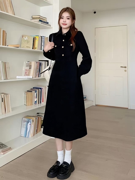 Váy dài tay dáng dài mua đông cổ polo nhung tăm bigsize Tuvada - VND140