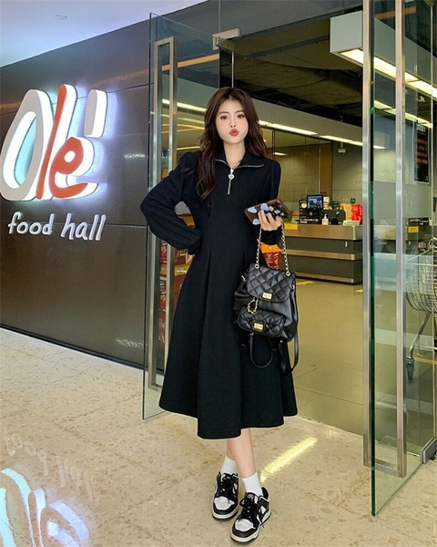 Váy dài tay polo phối zip basic Tuvada - VPL137